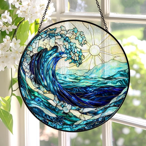 Ocean Waves Beach Scene Stained Glass Suncatcher Coastal Window Hanging Wall Art Gift
