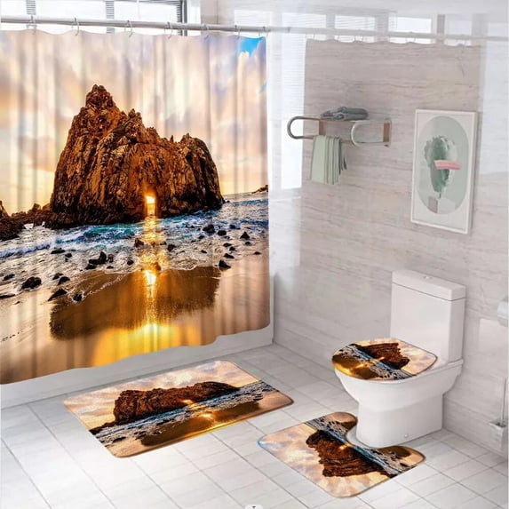 Ocean Waves Beach Shower Curtain Sets Natural Scenery Sunset Islands Fabric Bathroom Curtains Non-Slip Rug Bath Mat Toilet Cover