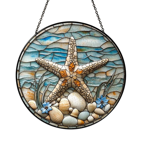 Ocean Waves Beach Stained Glass Style Window Hanging, Coastal Mosaic Art Decor Accent Gift