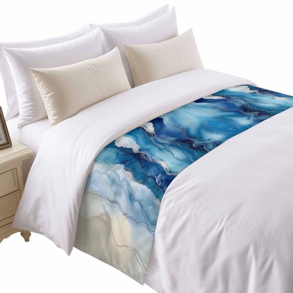 Ocean Waves Bed Runner for King Size Bed, Gradient Blue White Marble Waves Soft Bedding Scarf Bedding Protector Slipcover Sofa Throw for Bedroom Hotel Guesthouse