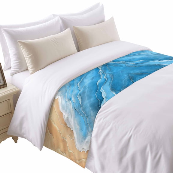 Ocean Waves Bed Runner for Queen Size Bed, Abstract Gradient Yellow Sky Blue Waves Beach Soft Bedding Scarf Bedding Protector Slipcover Sofa Throw for Bedroom Hotel Guesthouse
