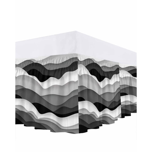Ocean Waves Bed Skirt Queen Size 16" Drop Gray White Wave Dark Gray Gradient Ruffled Wrap Around Bed Skirts Adjustable Elastic Bedskirt Dust Ruffle for Queen Size Bed