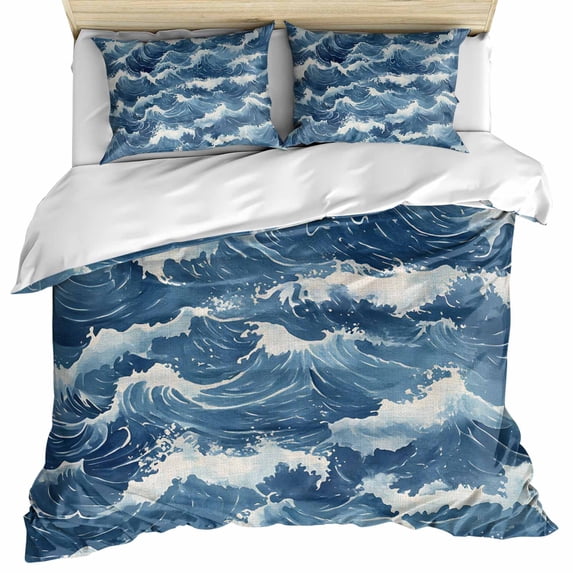 Ocean Waves Bedding 3 Piece Duvet Cover Set Twin Size, Summer Beach Coastal Nautical Burlap Soft Microfiber Comforter Cover with Zipper Closure & Pillowcases, Wrinkle & FadeResistant Quilt Cover