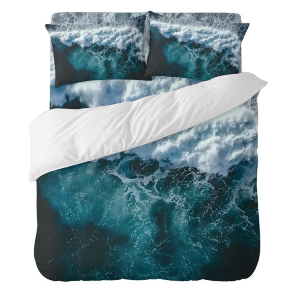 Ocean Waves Bedding Duvet Cover Set Queen Size 4 Pieces, Abstract Teal White Breaking Waves Bedding Set with Zipper Closure, 1 Comforter Cover 90x90 Inches 1 Flat Sheet & 2 Pillow Cases