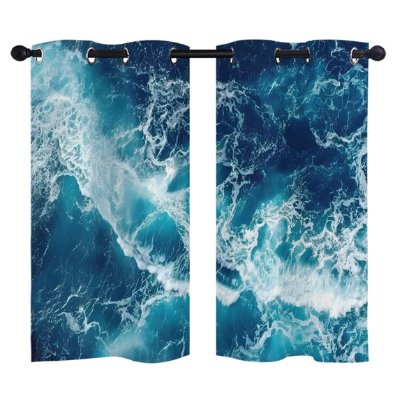Ocean Waves Blackout Curtains 39 Inches Long, Modern Nautical Dark Blue Ocean Waves Thermal Insulated Room Darkening Drapes with Grommets for Living Room 27.5"W x 39"L, 2 Panels