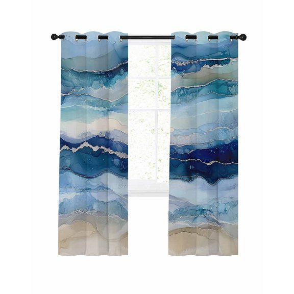 Ocean Waves Blackout Curtains for Bedroom Living Room, Abstract Gradient Blue White Marble Waves 39 In Long Thermal Insulated Room Darkening Drapes Grommet Window Treatments, 27.5 x 39 In
