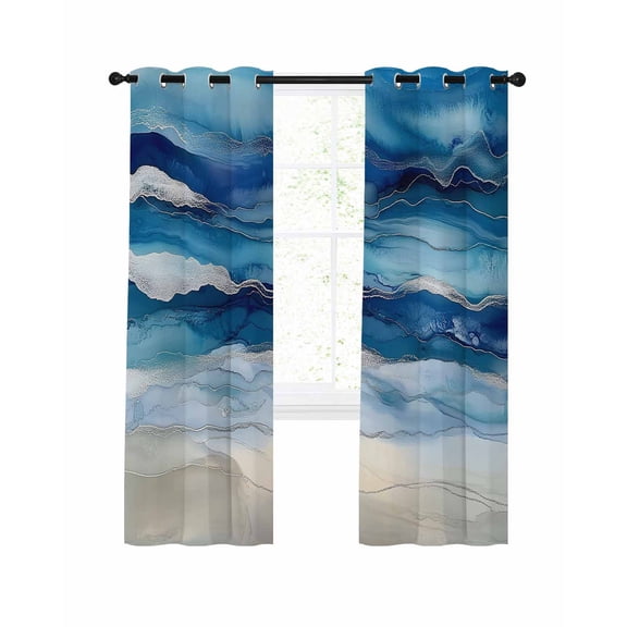 Ocean Waves Blackout Curtains for Bedroom Living Room, Gradient Blue White Marble Waves 84 In Long Thermal Insulated Room Darkening Drapes Grommet Window Treatments, 42 x 84 In