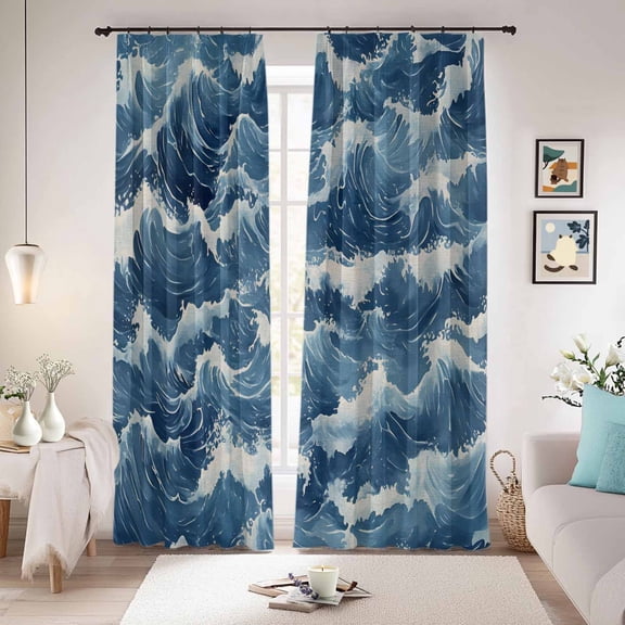 Ocean Waves Blackout Curtains for Bedroom/Living Room, Pinch Pleated Black Out Curtains, Summer Beach Coastal Nautical Burlap Room Darkening Window Drapes with Hooks 2 Panels, 59"x70"