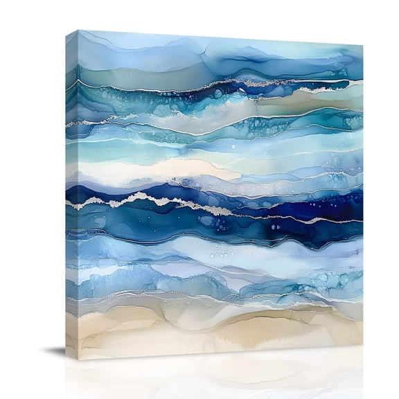 Ocean Waves Canvas Wall Art for Living Room, Abstract Gradient Blue White Marble Waves Poster Print Painting for Bedroom Office Home Decoration Wall Pictures Prepare To Hang 8"x8"