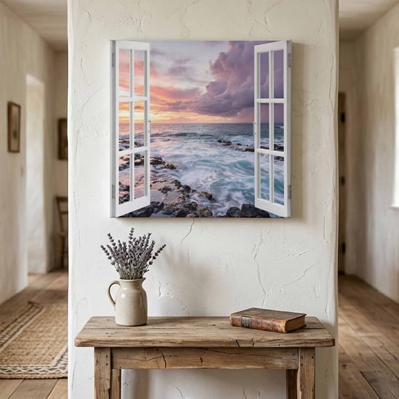 Ocean Waves Canvas Wall Art for Living Room Bedroom Bathroom, Open Window Dramatic Lavender Sunset Clouds Rocks Canvas Art Wall Decor, Artwork for Walls Home Office Decor, 8"x8"