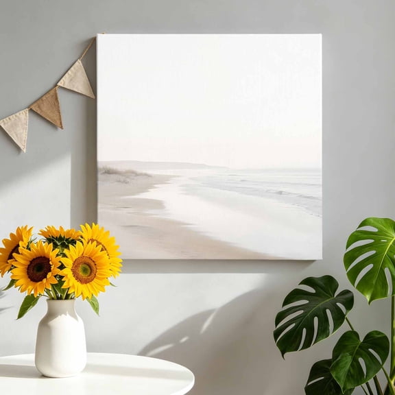 Ocean Waves Canvas Wall Art for Living Room, Coastal Modern Beige White Sandy Shoreline Beach Poster Print Painting for Bedroom Office Home Decoration Wall Pictures Prepare To Hang 8"x8"