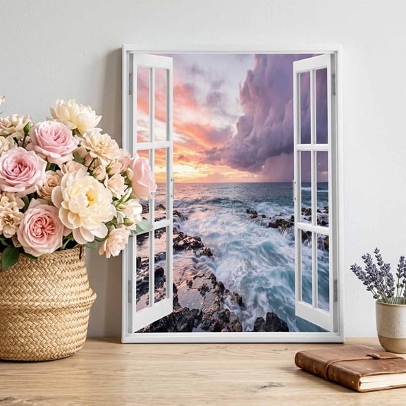 Ocean Waves Canvas Wall Art for Living Room, Open Window Dramatic Lavender Sunset Clouds Rocks Wall Decor Framed Artwork Pictures Ready to Hang for Bedroom Office Home Decor 22x28 Inch