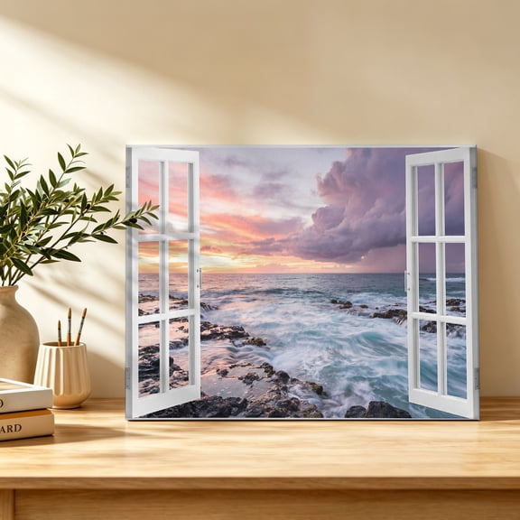 Ocean Waves Canvas Wall Art, Open Window Dramatic Lavender Sunset Clouds Rocks Wall Art Prints Artwork Framed Canvas Ready to Hang Art Pictures for Bathroom Bedroom Entry Desk Corner 10" x 8"