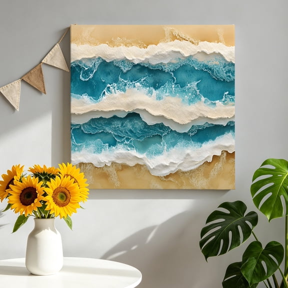 Ocean Waves Canvas Wall Art, Summer Beach Sand Nautical Scenery Pictures Wall Decor Wooden Framed Artwork Art Prints for Living Room Hallway Bedroom Office 10"x10"
