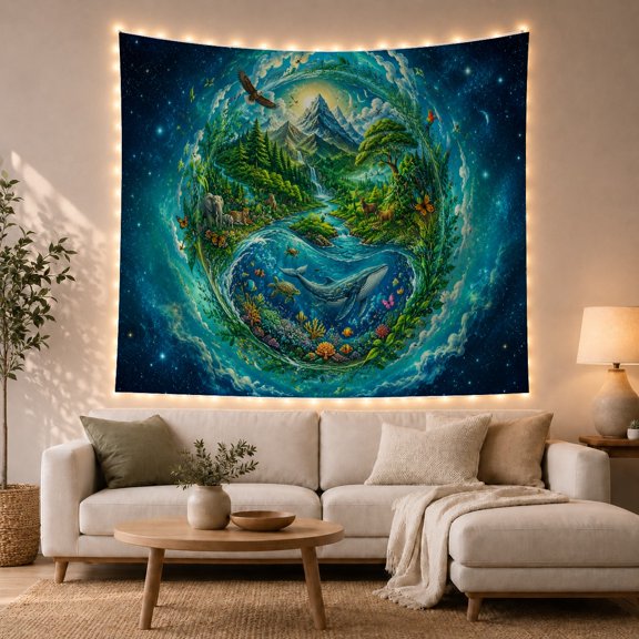 Ocean Waves Circular with Portal Floating Star Filled, Mystical Fantasy for Space Lovers, Galaxy Room Decor, Graduation Gift, Tapestry Wall Hanging for Bedroom and Dorm