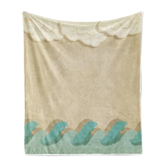 Ocean Waves and Clouds Soft Flannel Fleece Blanket, Grunge Vintage Design Water Silhouette Nautical Theme, Cozy Plush for Indoor and Outdoor Use, 50" x 70", Sand Brown Seafoam Cream, by Ambesonne