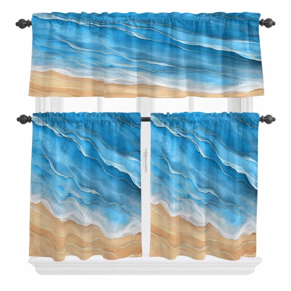 Ocean Waves Curtain Valances Set Abstract Gradient Yellow Turquoise Waves Beach Kitchen Curtains 36&nbsp;inch Length Rod Pocket Valance and Tiers 3 Piece Set Small Bedroom Bathroom Laundry Decor