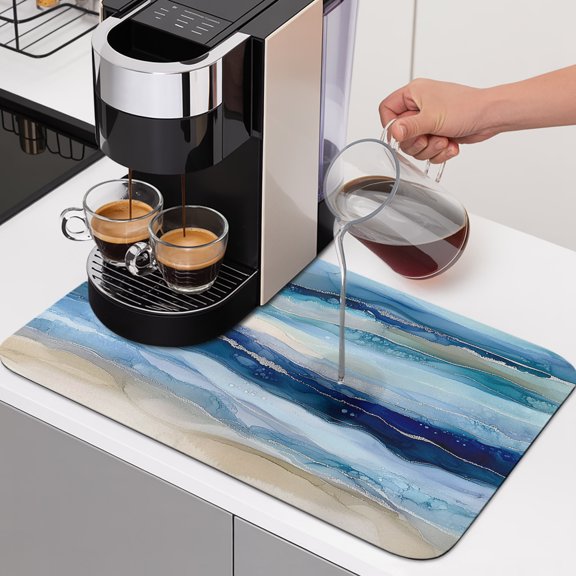 Ocean Waves Dish Drying Mats for Kitchen Counter, Abstract Gradient Blue White Marble Waves Absorbent Coffee Bar Mat with Non-slip Rubber Backed Quick Drying Dish Rack Pad 12"x16"