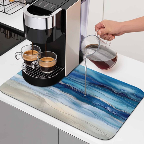 Ocean Waves Dish Drying Mats for Kitchen Counter, Gradient Blue White Marble Waves Absorbent Coffee Bar Mat with Non-slip Rubber Backed Quick Drying Dish Rack Pad 12"x16"