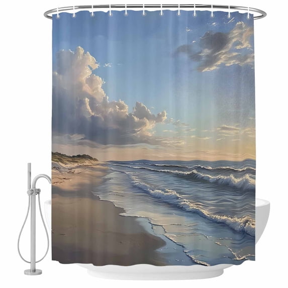 Ocean Waves Fabric Shower Curtain Blue SKy Cloud Beach Washable Shower Curtains for Bathroom, Waterproof Bath Curtain with Hooks Home Decor 72x84in