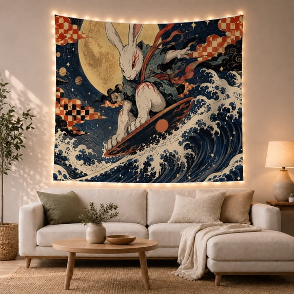 Ocean Waves Fierce with Anthropomorphic Rabbit Crimson Markings, Mystical Fantasy for Space Lovers, Galaxy Room Decor, Graduation Gift, Tapestry Wall Hanging for Bedroom and Dorm