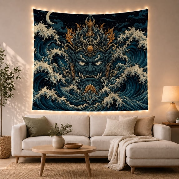 Ocean Waves Fierce with Mythical Mask Churning Textured, Mystical Fantasy for Space Lovers, Galaxy Room Decor, Housewarming Gift, Tapestry Wall Hanging for Bedroom and Dorm
