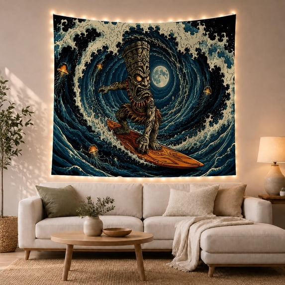 Ocean Waves Figure with Tiki Totem Character Surfing, Mystical Fantasy for Space Lovers, Galaxy Room Decor, Housewarming Gift, Tapestry Wall Hanging for Bedroom and Dorm
