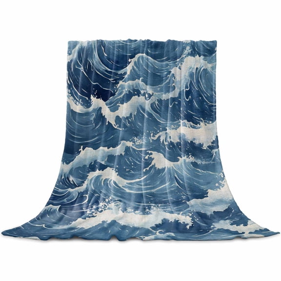 Ocean Waves Flannel Blanket for Bed, Summer Beach Coastal Nautical Burlap Soft Cozy Warm Couch Throw Blanket, Lightweight Fluffy Plush Bedding Blankets for Sofa Decor All Season 50"x60"
