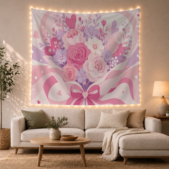 Ocean Waves Floral with Bouquet Dominates Roses Peonies, Mystical Fantasy for Space Lovers, Galaxy Room Decor, Valentine'S Day Gift, Tapestry Wall Hanging for Bedroom and Dorm