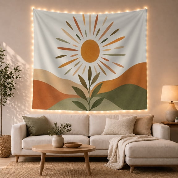 Ocean Waves Floral with Sunburst Flat Circle Forms, Serene Watercolor for Plant Lovers, Botanical Wall Art, Mother'S Day Gift, Tapestry Wall Hanging for Bedroom and Dorm