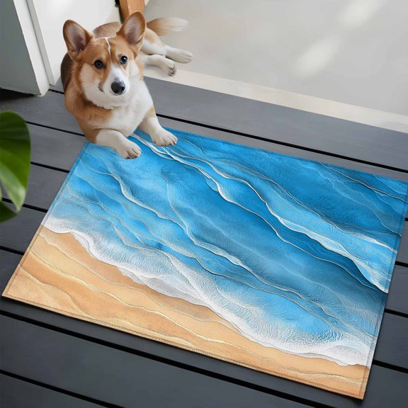 Ocean Waves Front Door Rugs 2x3 ft Abstract Gradient Yellow Sky Blue Waves Beach Small Rug for Entryway Non Slip Washable Bathroom Door Mat Absorbent Floor Mat for Indoor Entrance