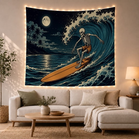 Ocean Waves Full with Human Skeleton Dynamic Surfing, Mystical Fantasy for Space Lovers, Galaxy Room Decor, Housewarming Gift, Tapestry Wall Hanging for Bedroom and Dorm