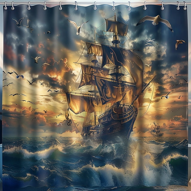 Ocean Waves & Gannet Birds: Hyperrealistic Pirate Ship Shower Curtain ...