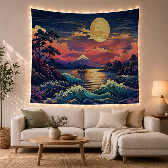 Ocean Waves During with Glowing Sunset Moonrise Foreground, Mystical Fantasy for Space Lovers, Galaxy Room Decor, Housewarming Gift, Tapestry Wall Hanging for Bedroom and Dorm