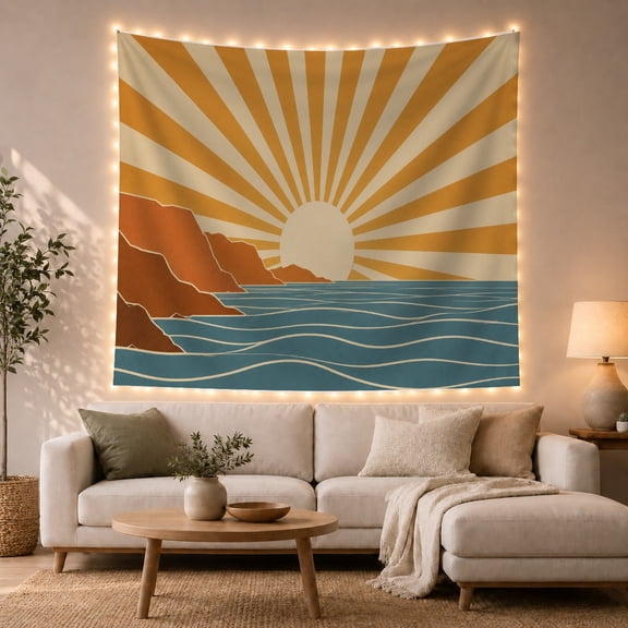 Ocean Waves Graphic with Sunrise Sunset Horizon Pale, Mystical Fantasy for Space Lovers, Galaxy Room Decor, Housewarming Gift, Tapestry Wall Hanging for Bedroom and Dorm