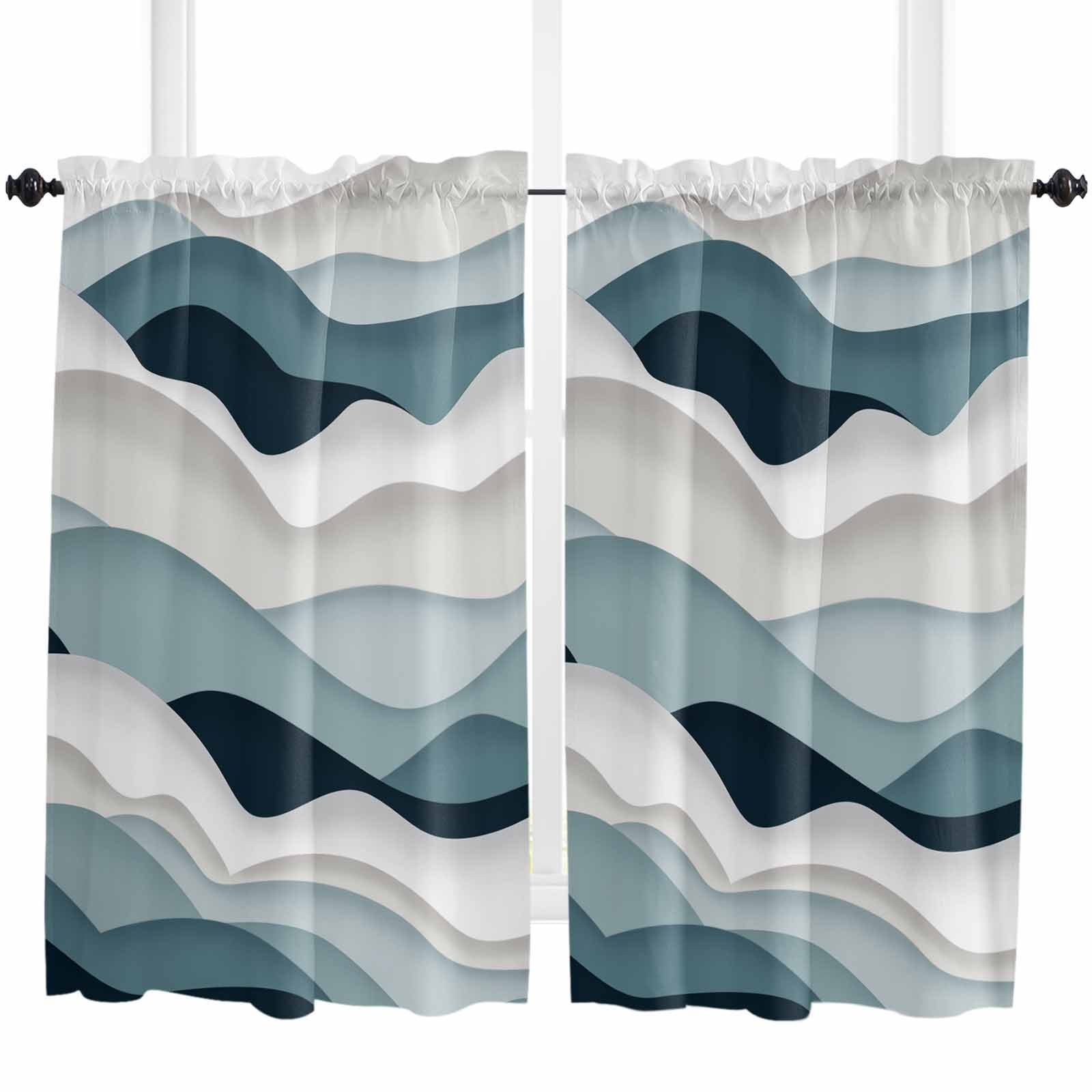 Ocean Waves Gray Blue Kitchen Curtains 45 Inch Long 2 Panels Set, Rod ...