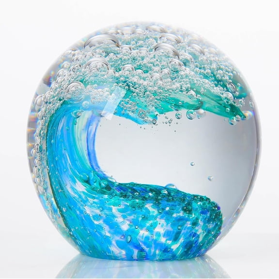 Ocean Waves Hand Blown Glass Decor Crystal Ball Sea Figurines Gifts | Glass Art Paperweight Collectible Sphere Ocean Room Home Beach Nautical Aquarium Decor Decorative Globes for Ocean Lovers