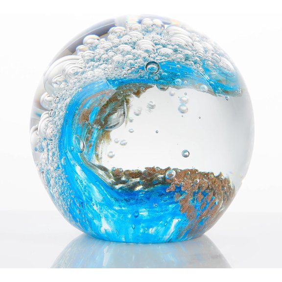 Ocean Waves Hand Blown Glass Decor Crystal Ball Sea Figurines Gifts | Glass Art Paperweight Collectible Sphere Ocean Room Home Beach Nautical Aquarium Decor Decorative Globes for Ocean Lovers