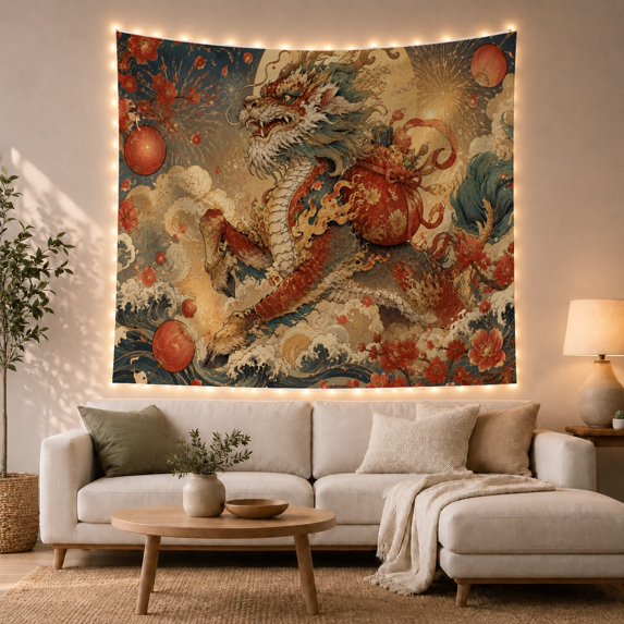 Ocean Waves Highly with Mythical Dragon Leaping Through, Mystical Fantasy for Space Lovers, Galaxy Room Decor, Housewarming Gift, Tapestry Wall Hanging for Bedroom and Dorm