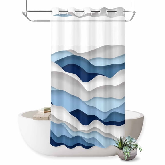 Ocean Waves No Hook Shower Curtain Blue White Wave Blue Gradient Shower Curtain with See Through Top Window, Waterproof Washable Fabric Curtain for Bathroom Hotel Decor, 36Wx72L