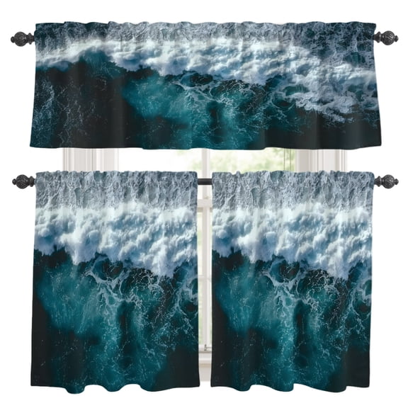 Ocean Waves Kitchen Curtains Valances 3 Piece Set, Abstract Teal White Breaking Waves Rod Pocket Tier Curtain and Valance Drapes for Small Window 24 Inch Length for Bedroom Cafe