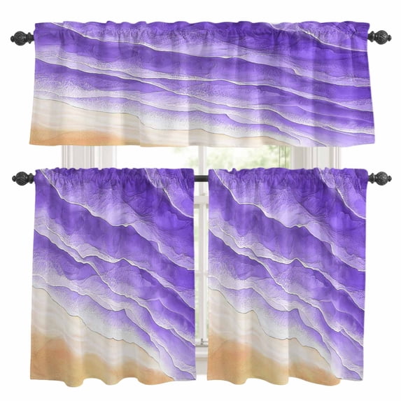 Ocean Waves Kitchen Curtains Valances and Tiers Set of 3 Abstract Gradient Orange Purple Waves Beach Tier Curtains and Valance with Rod Pocket for Small Windows, 27.5"x36"