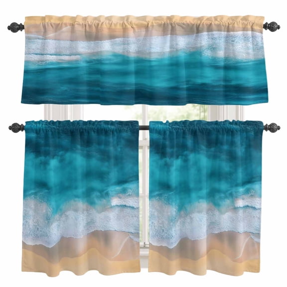Ocean Waves Kitchen Curtains Valances and Tiers Set of 3 Summer Watercolor Ocean Beach Aqua Gradient Water Ripples Tier Curtains and Valance with Rod Pocket for Small Windows, 27.5"x24"