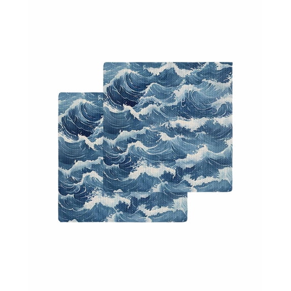 Ocean Waves Kitchen Dish Towels for Drying Dishes Set of 2, Summer Beach Coastal Nautical Burlap Waffle Weave Microfiber Terry Hand Tea Bathroom Towels Quick Dry & Absorbent Towel 12x12