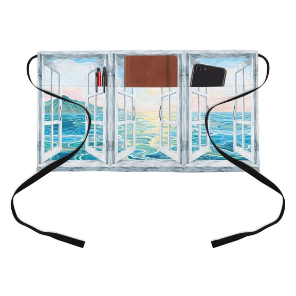 Ocean Waves Kitchen Restaurant Half Waist Apron, Coastal Open Window Blue Marine Glowing Sun Landscape Server Short Apron with 3 Pockets Waterproof Oil Waist Aprons for Women Waitress Waiter