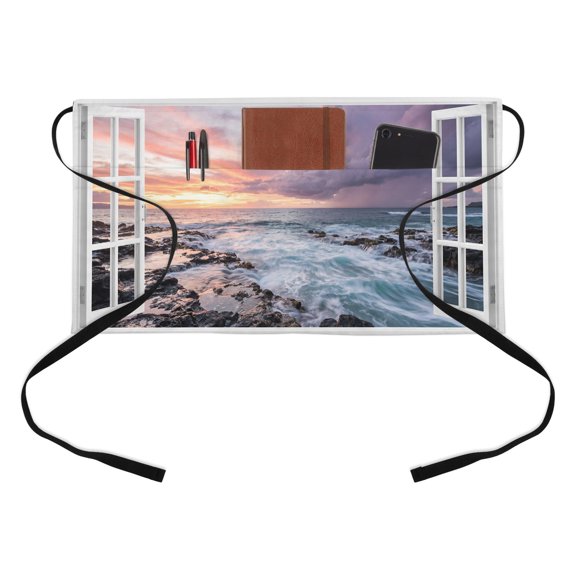 Ocean Waves Kitchen Restaurant Half Waist Apron, Open Window Dramatic Lavender Sunset Clouds Rocks Server Short Apron with 3 Pockets Waterproof Oil Waist Aprons for Women Waitress Waiter