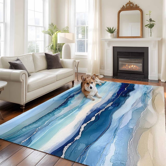 Ocean Waves Large Area Rugs 5x8 ft Abstract Gradient Blue White Marble Waves Washable Rug Non Slip Indoor Carpet Absorbent Floor Mat for Living Room Bedroom Dining Room
