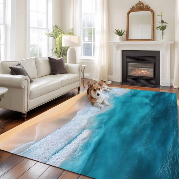 Ocean Waves Large Area Rugs 6x9 ft Summer Watercolor Ocean Beach Aqua Gradient Water Ripples Washable Rug Non Slip Indoor Carpet Absorbent Floor Mat for Living Room Bedroom Dining Room