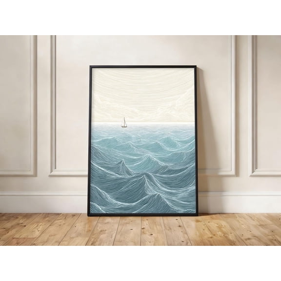 Ocean Waves Line Art Minimalist Seascape Sailboat Wall Art, Unframed Paper Print