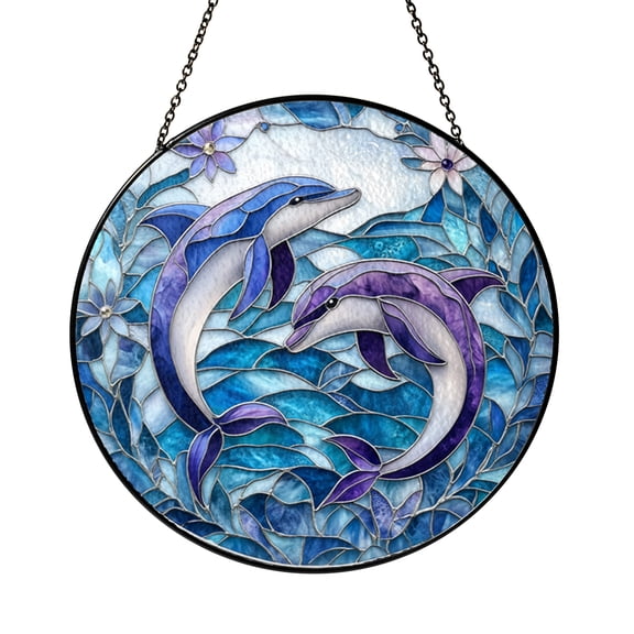 Ocean Waves Lover Gift Stained Glass Dolphins Suncatcher, Green Window Hanging Decor